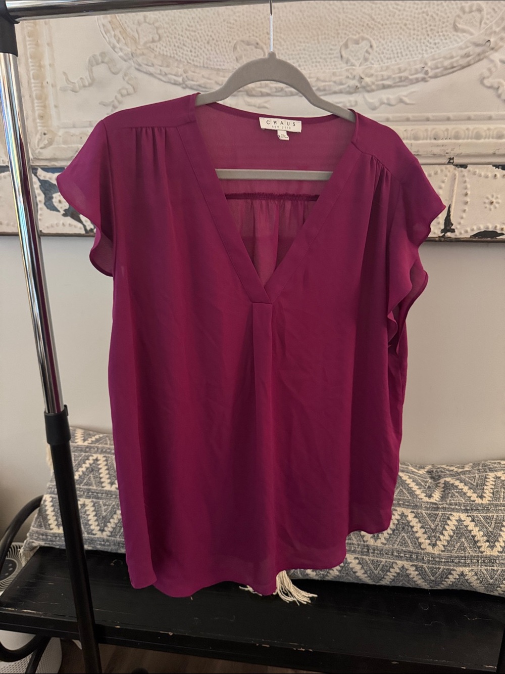 Chaus Magenta V-Neck Flutter Sleeve Blouse